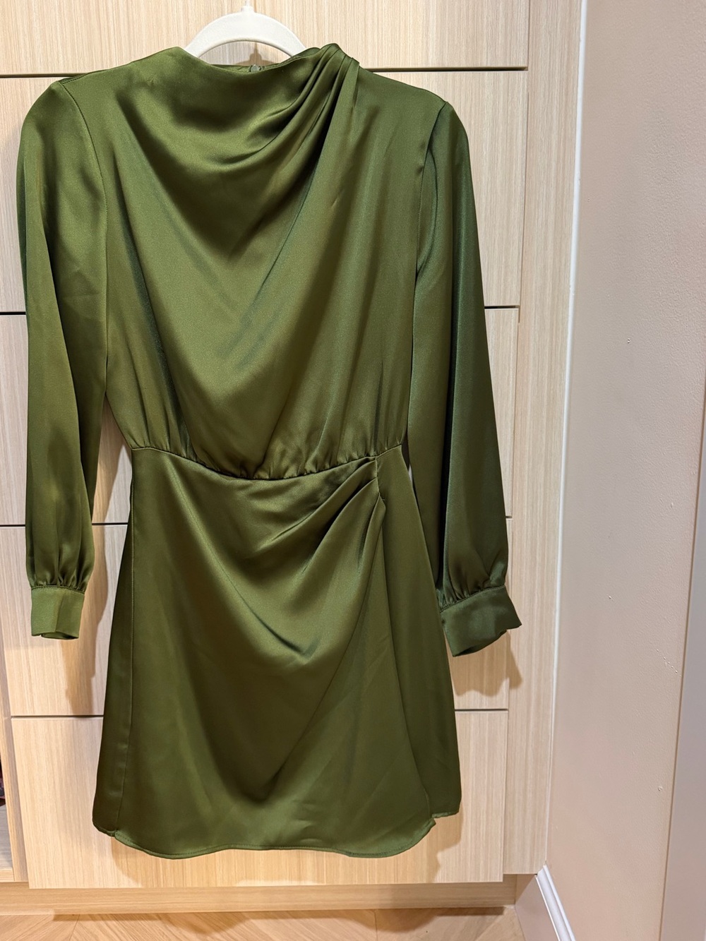 Zara Satin Olive Green Long-Sleeve Draped Dress